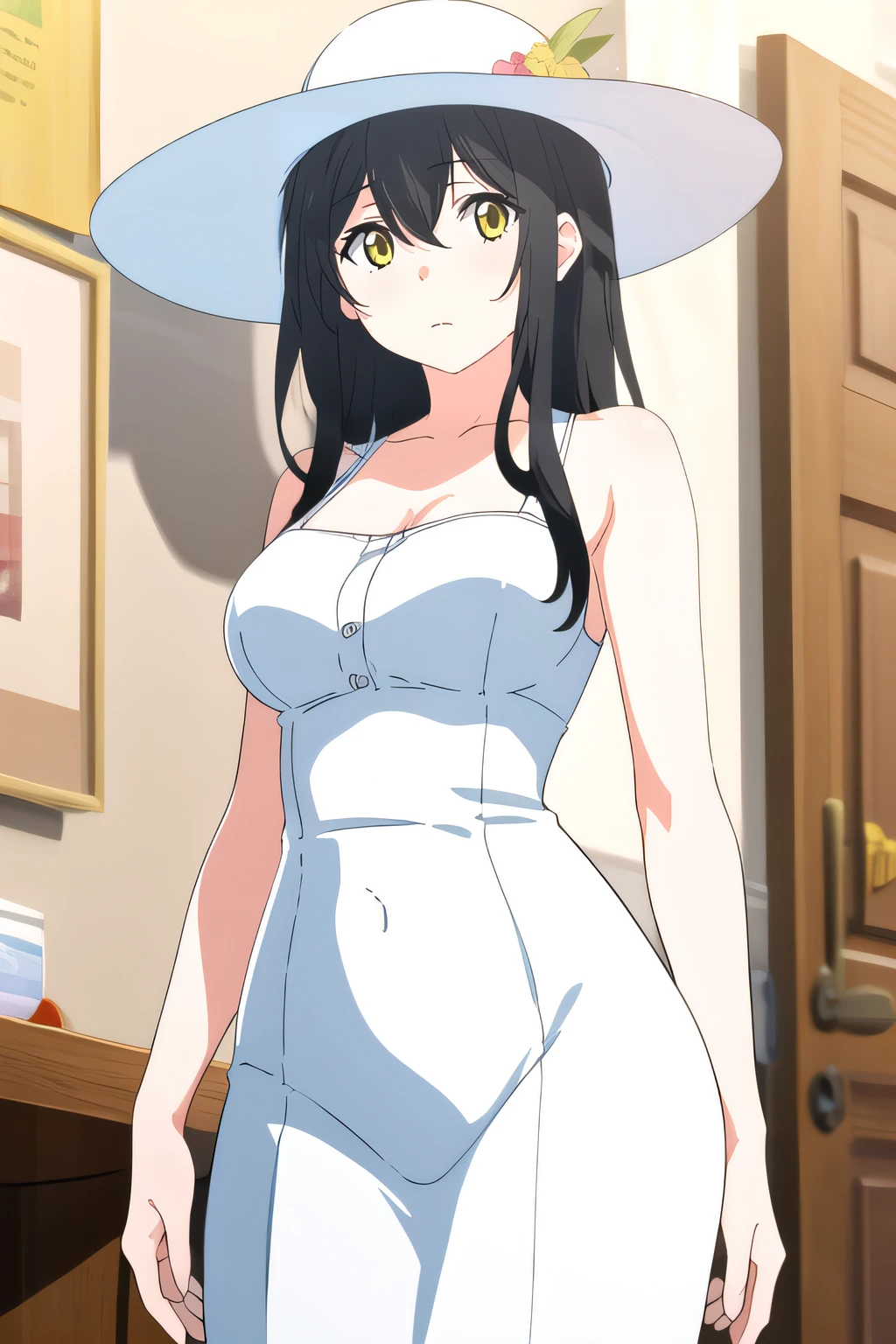 (masterpiece:1.2), best quality, high resolution, unity 8k wallpaper, (illustration), extremely detailed face, perfect lighting, extremely detailed CG, 1girl, solo, <lora:Hasshaku:0.7>, hasshaku, large breasts, white dress:1.2, black hair, long hair, yellow eyes, frontal view:1.2, expressionless, mature woman, cowboy shot, looking at viewer, white headwear, expressionless, sun hat