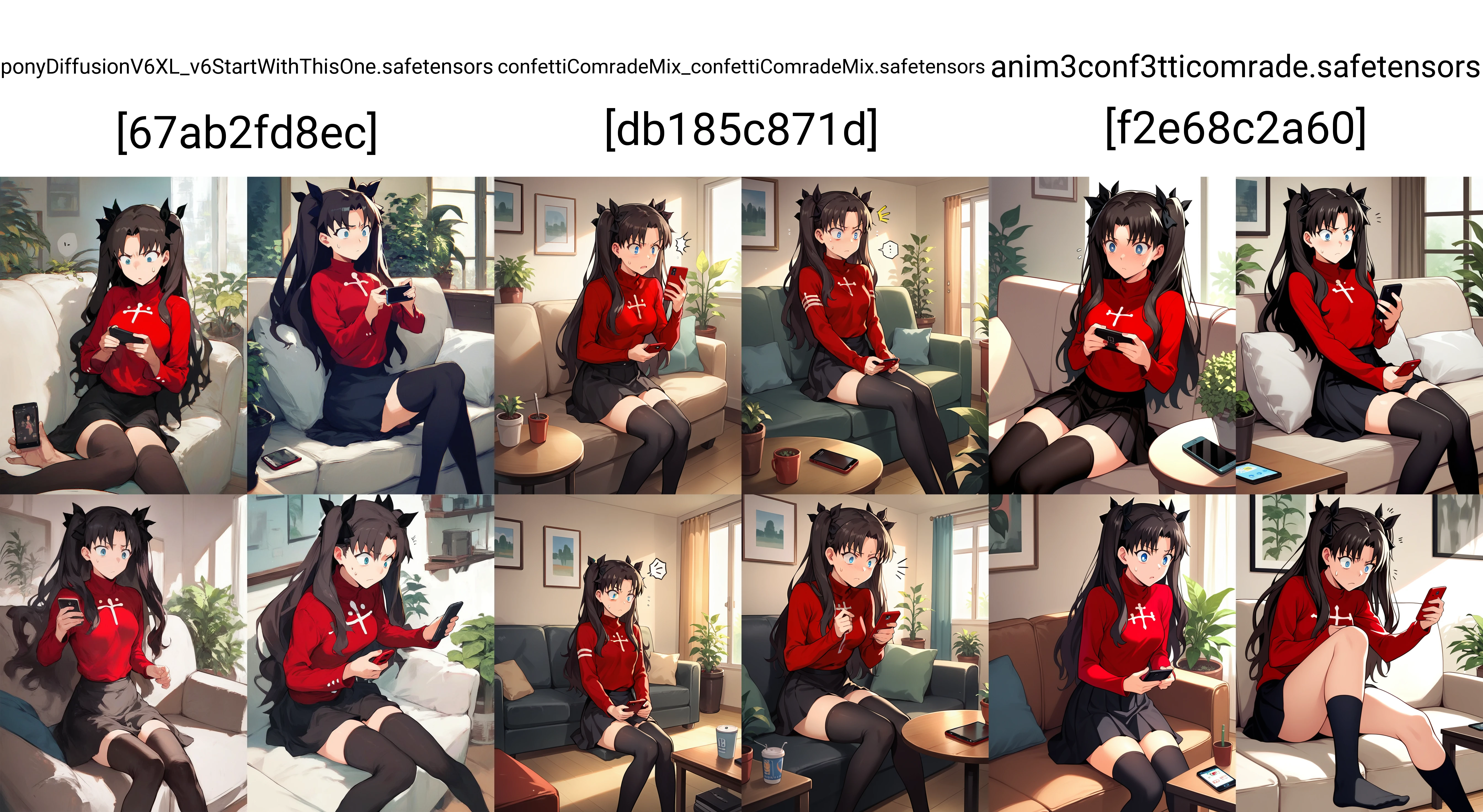 score_9, score_8, score_7, source_anime,
rating_general,
1girl, solo, tohsaka rin, red turtleneck, black skirt, thighhighs, zettai ryouiki, living room, sofa, sitting, looking at phone, surprised, annoyed, sweatdrop, plant