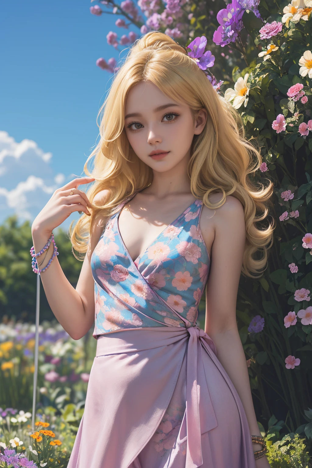 ( detailed realistic background:1),
( official art, beautiful and aesthetic:1 ),
realistic lighting,
cinematic lighting,
hyperrealism,
soothing tones,
muted colors,
high contrast,
soft light,
sharp,
artistic photoshoot,
( cute, petite ),
slender,
european,
pale cheeks,
square face shape with angular jaw,
natural "no-makeup" makeup,
big breasts,
,
blonde hair ,
flowy waves hair ,
wearing (Floral_wrap_top:1.5),(Midi_skirt:1.4),(Beaded_bracelets:1.3),(Garden_party_background:1.5) ,
looking at viewer,