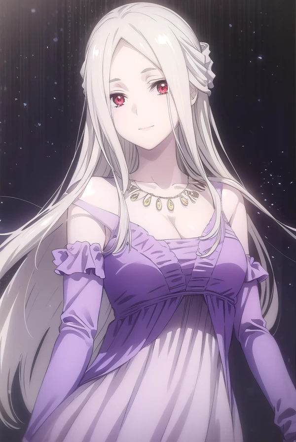 Irisviel,Sheer Cold Shoulder Sleeveless Dress,Single,Looking at the viewer,beautiful smile,arm at side,Average breast size,beautiful necklace,Angle from above