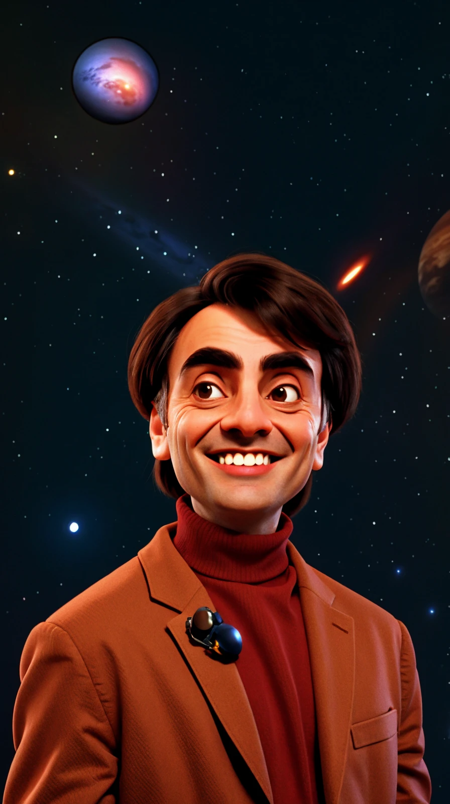 portrait of <lora:CrlSgan:0.6> Carl Sagan as toon character, smiling, dark red turtleneck, brown jacket, at star observatory, stars, planets, milky way, space in background, soft edge lighting, 3d render, professional render, pixar style, renderman, <lora:3DMM_V12:0.6>
