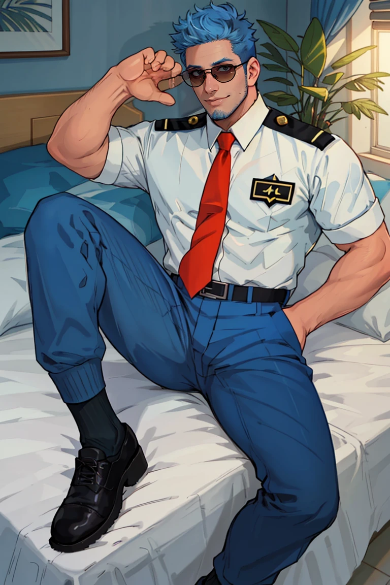 (1 image only),  solo male,  Wilbur,  Animal Crossing,  personification,  pure blue hair,  short hair,  black eyes,  blue facial hair,  jawline stubble,  aviation pilot uniform,  white collor shirt,  red necktie,  epaulette,  aviator sunglasses,  blue pants,  socks,  black footwear,  mature,  bara,  handsome,  charming,  alluring,  grin,  laying on bed,  on back,  arm rised,  perfect anatomy,  perfect proportions,  (best quality,  masterpiece),  (perfect eyes,  perfect eye pupil),  perfect hands,  high_resolution,  indoor,  perfect light,<lora:EMS-297361-EMS:0.700000>