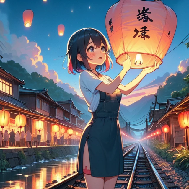 (((masterpiece))), (((best quality))), (((colorfully sky lantern with chinese word))), (((hands close to fire))), (((railway))), raise head, arms up, suspender skirt, tourists, night, river, bridge, mount, greenery, low house, solo, 1girl, big tits, ribbon, sweat, open mouth, daze, shy, blush, slim figure, <lora:girllikeskylantern:1>