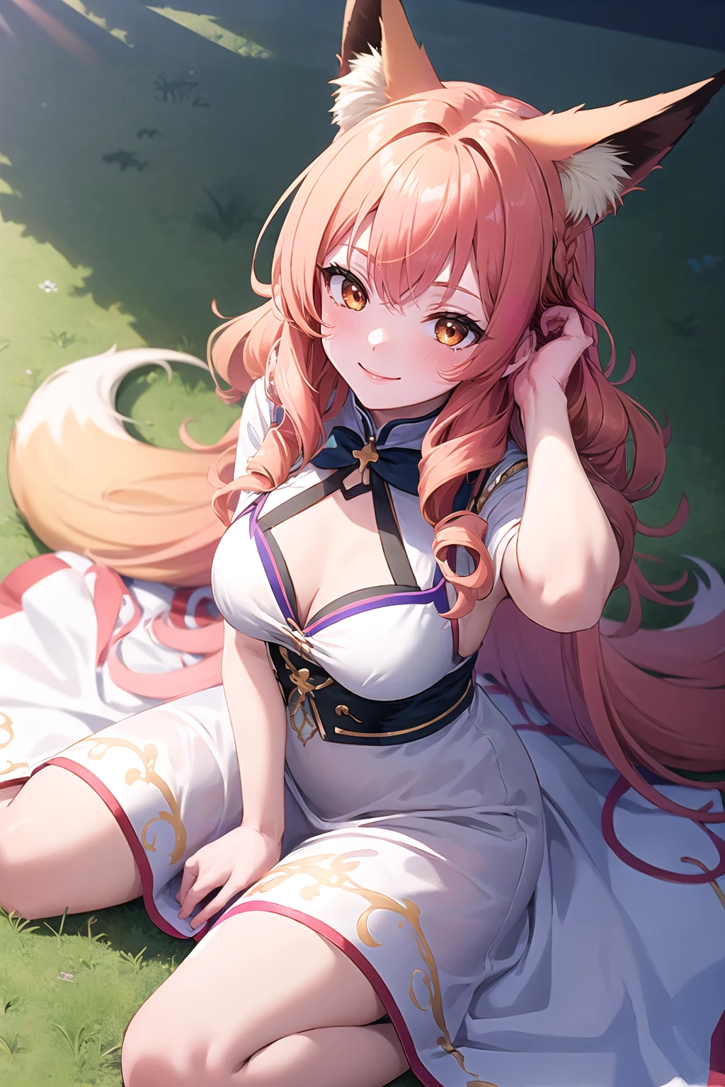 ((Best quality, 8K, Masterpiece: 1.4)),((Amazing detail: 1.3)),((illustration, Huge breasts: 1.2)),((High resolution1.1)),1girll,fox spirit,Kitsune,Hairstyle Casual,Fox ears,red hairband,flowers in head,W-sitting,Bandeau top,Anime style,Manga,Sexy,exposed,Makeup,torogao,Seductive smile,Half-open eyes,Simple background,mitts,Bell necklace,full bodyesbian,Amazing art of painting,Heterochromic pupils