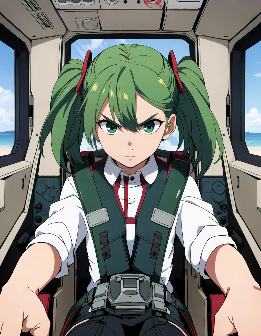 masterpiece, best quality, highres,
1girl,solo,
(hatunemiku:1),twin tails,green hair,
serious,v-shaped eyebrows,
<lora:gundamwingcockpit1.52:0.5>,gundamwingcockpit,cockpit,joystick,seatbelt,sitting,