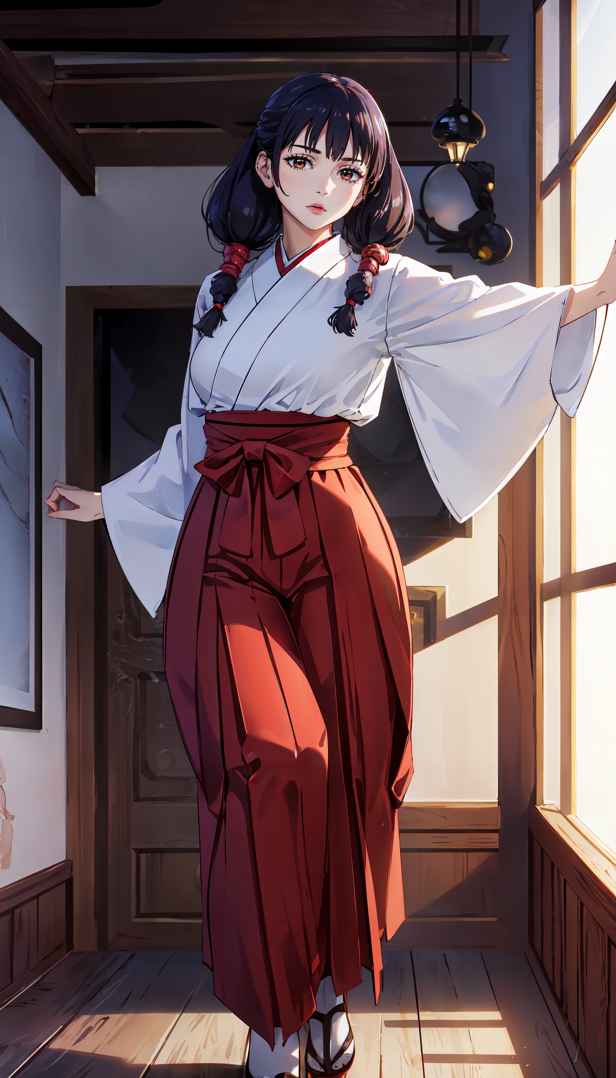 photorealistic, (4k), depth of field, (Masterpiece), (realistic skin texture), extremely detailed, intricate, hyper detailed, professional photography, bokeh, high resolution, sharp detail, best quality, girl, purple hair, twintails, bangs, brown eyes, red hakama, bUtahime, <lora:GoodHands-vanilla:0.4>, <lora:detail_slider_v4:0.8> , dynamic pose, (thigh straddling),  <lora:Utahime Iori-000004:0.7> ,