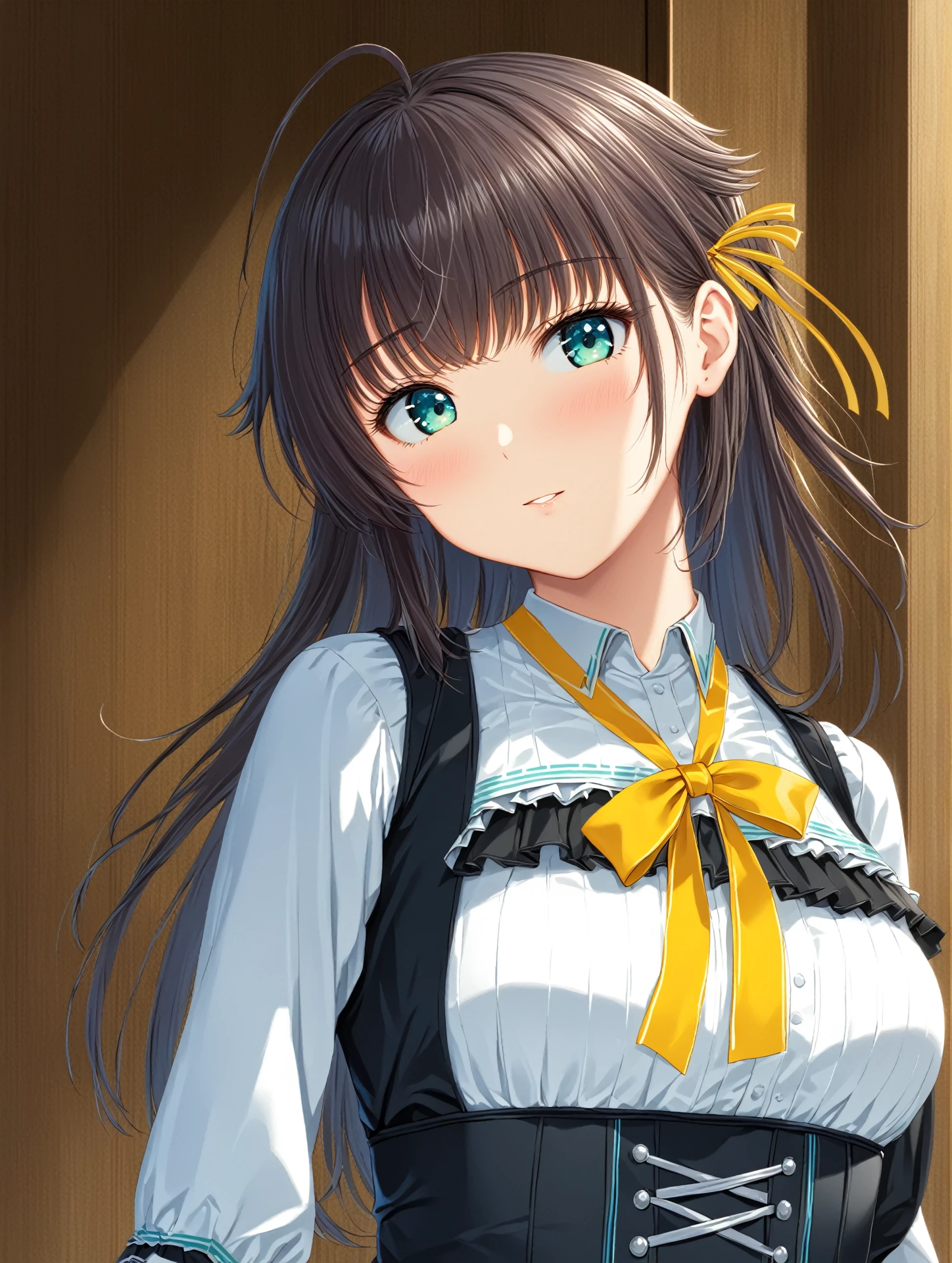 Masterpiece, ultra-detailed, Girl named Minami Kotori, solo,
Brilliantly rendered, in the tranquil indoor atmosphere of a classroom,
Bed, with a blushing, modest smile on her face, as sunlight streams in through the window,
Long brown hair cascading around her shoulders, gently framing her beautiful face,
Looking at the audience with a gentle gaze, wearing a adorned with a halo,
Skirt flowing gracefully around her waist, waistband accentuating her slender figure,
Two ponytails held in place by yellow-tinted glasses, each one crowned with a black bag,
Brown wavy hair