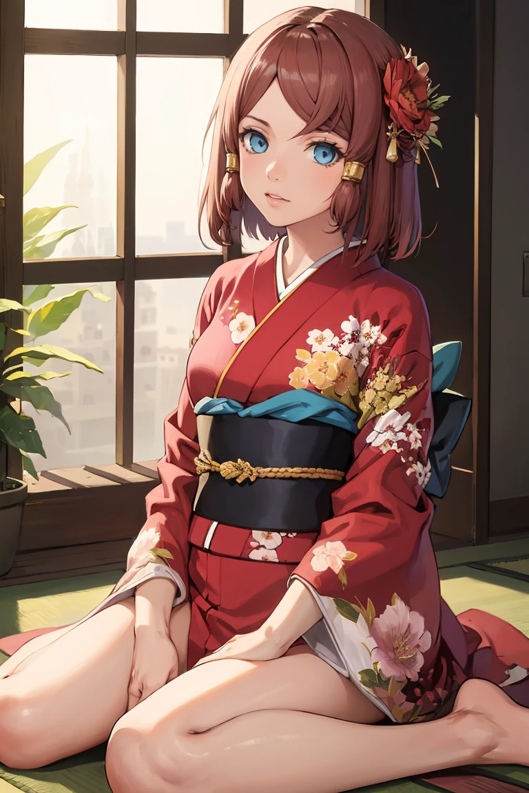masterpiece, best quality, absurdres, RoseTales, short hair, hair tubes, indoors, kimono, hair flower, floral print, wariza, sitting, <lora:CHAR-RoseTales:1>