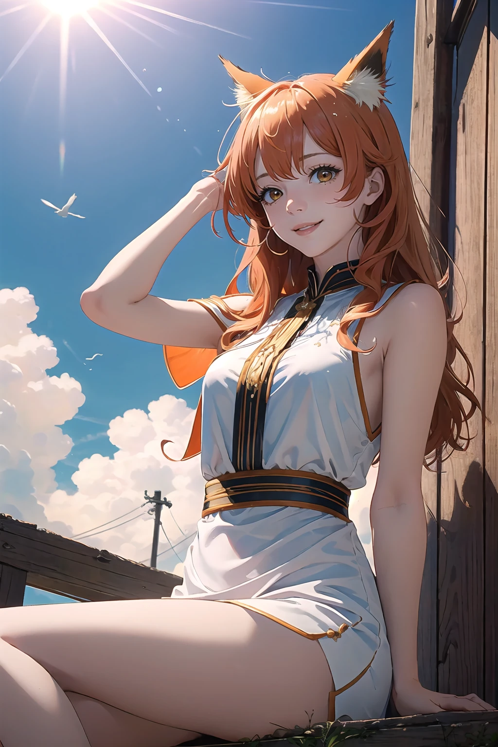 masterpiece, hires,high resolution, best quality, 1girl,medium breasts, mature female, dress, orange hair, animal ears, fox girl, smile, very long hair, sitting, from below, adjusting hair, adjusting-one-hand,hand between legs, hand up, sky, sun shafts
<lora:Adjusting hair & Hair Tucking:1>