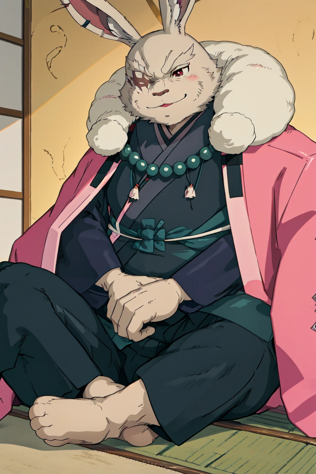 Vysache, furry, 1boy, rabbit boy, rabbit ears, animal nose, one-eyed, red eyes, white fur, fat, (black kimono), beads, pink coat, fur trim, smile, indoors, sitting, barefoot, yellow background, japanese architecture, sitting, on ground <lora:Vysach-10:1>, <lora:studioGhibliStyle_offset:1> ghibli style