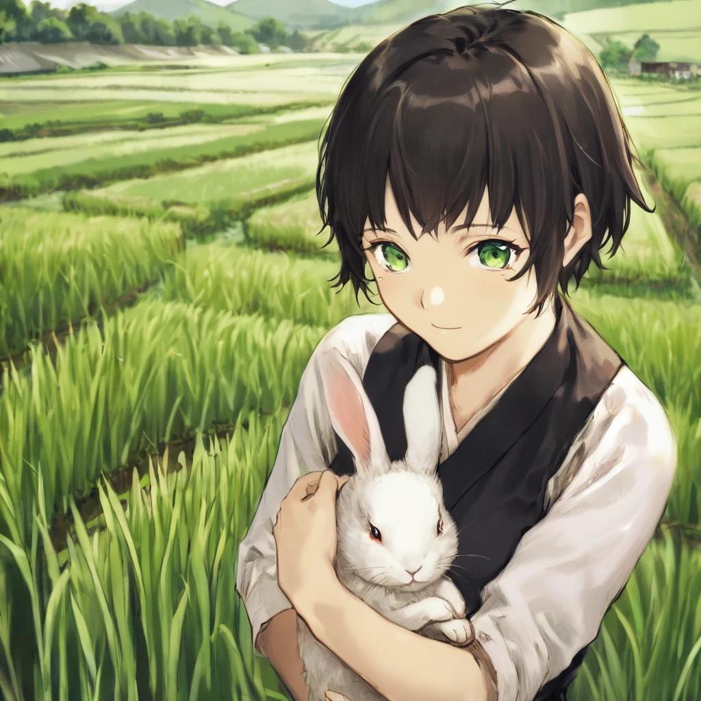 1girl,holding rabbit,rural, rice field ,(by ABeS567:1.1),masterpiece,black hair,short hair,green eyes,elegant, <lora:ABeLoRaXL-000007:1.1>