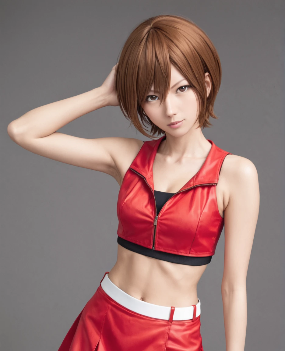 meiko, 1girl, brown hair, midriff, crop top, red shirt, red skirt <lora:Meiko-lora-xl:0.5>