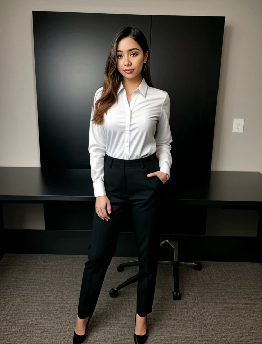 full body shot of business photo of a portrait of haven2hot, pants, black attire,  <lora:haven2hot:1>. Professional attire, workplace setting, confident. Whole outfit, clear, sharp, balanced<lora:lcm-lora-sd15:1.0>