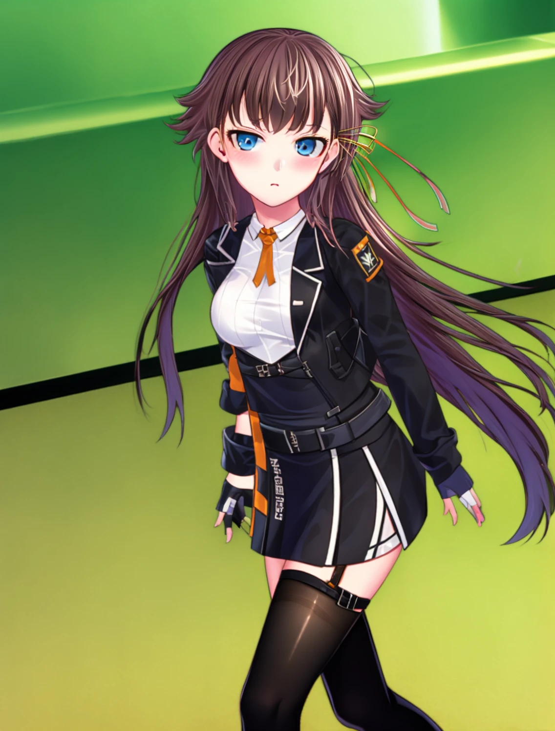 masterpiece, best quality
<lora:kana_kashiwazaki-000008:1>
1girl ,(solo), 
kanakashiwazaki, yellow ribbon,(geisterjaeger uniform), thighhighs, black jacket, fingerless gloves, belt, cleavagemedium breasts, long sleeves,
walking to the side
