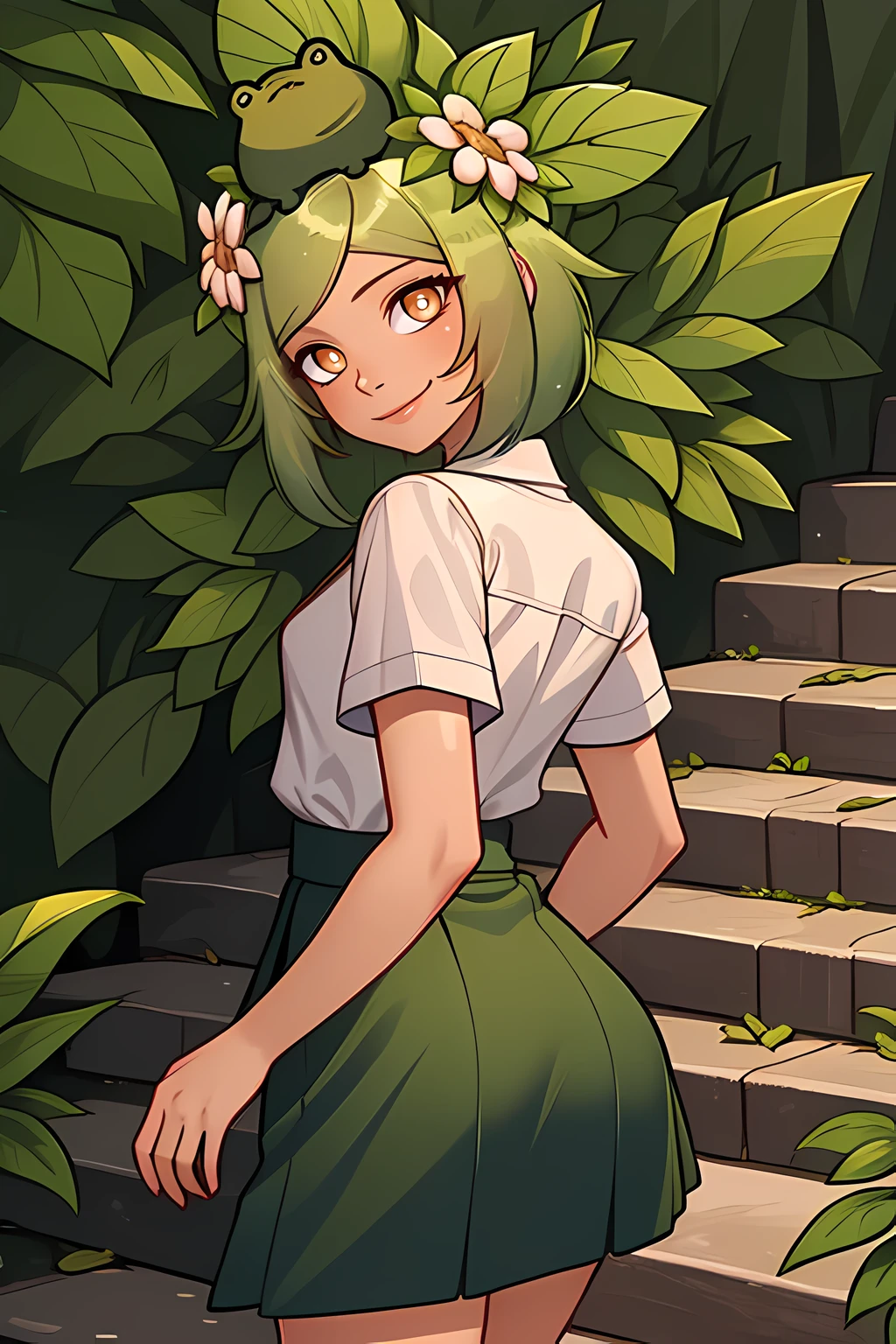 masterpiece, best quality, very detailed illustrations, high-quality lighting, background swamp, forest, <lora:Lif:0.5>, 1lady, nude, frog, solo, animal on head, hair ornament, flower, leaf, long green hair, orange eyes, white flower, dark skin, smile, looking at viewer, closed mouth, (white shirt:1.2), short sleeves, skirt, blue skirt, blue dress, outdoors, stairs, standing, ass,