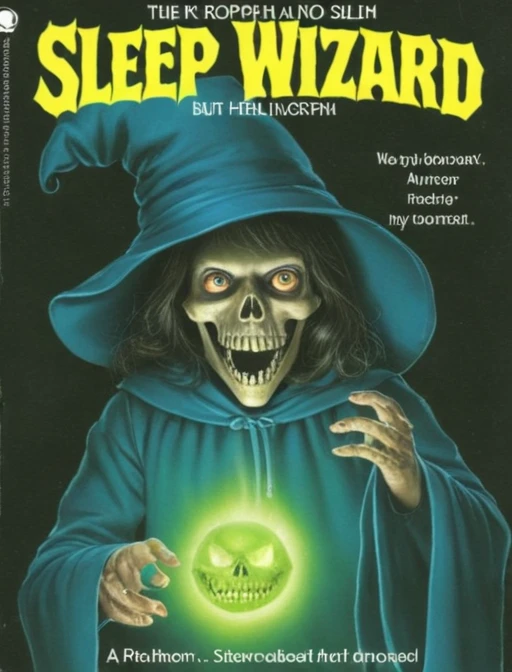 <lora:PBFH-XL:1> pbfh, Paperback novel, horror book cover, The Sleep Wizard