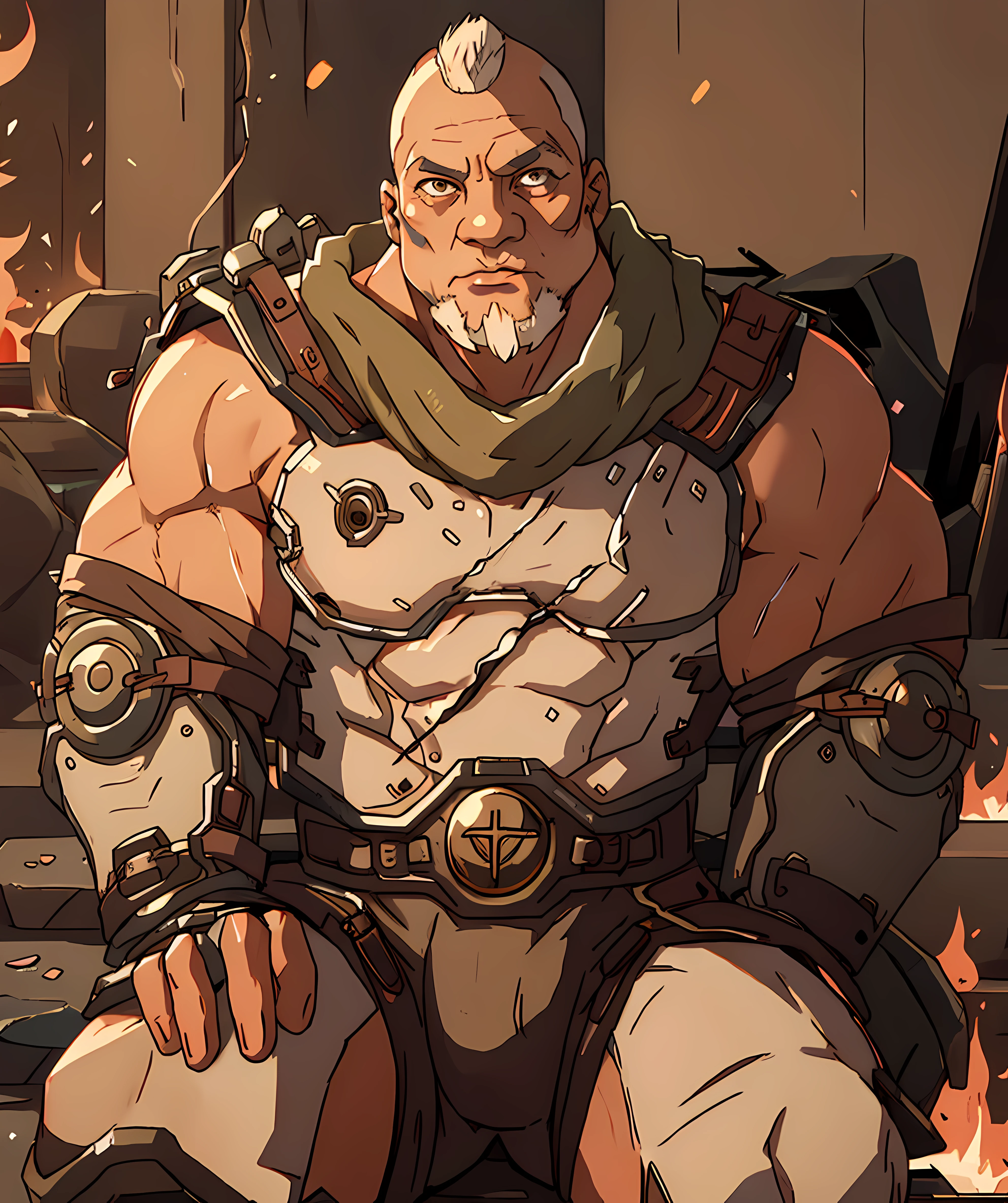 <lora:Valen:0.8> commander_valen, looking at viewer, campfire, muscular, sitting down