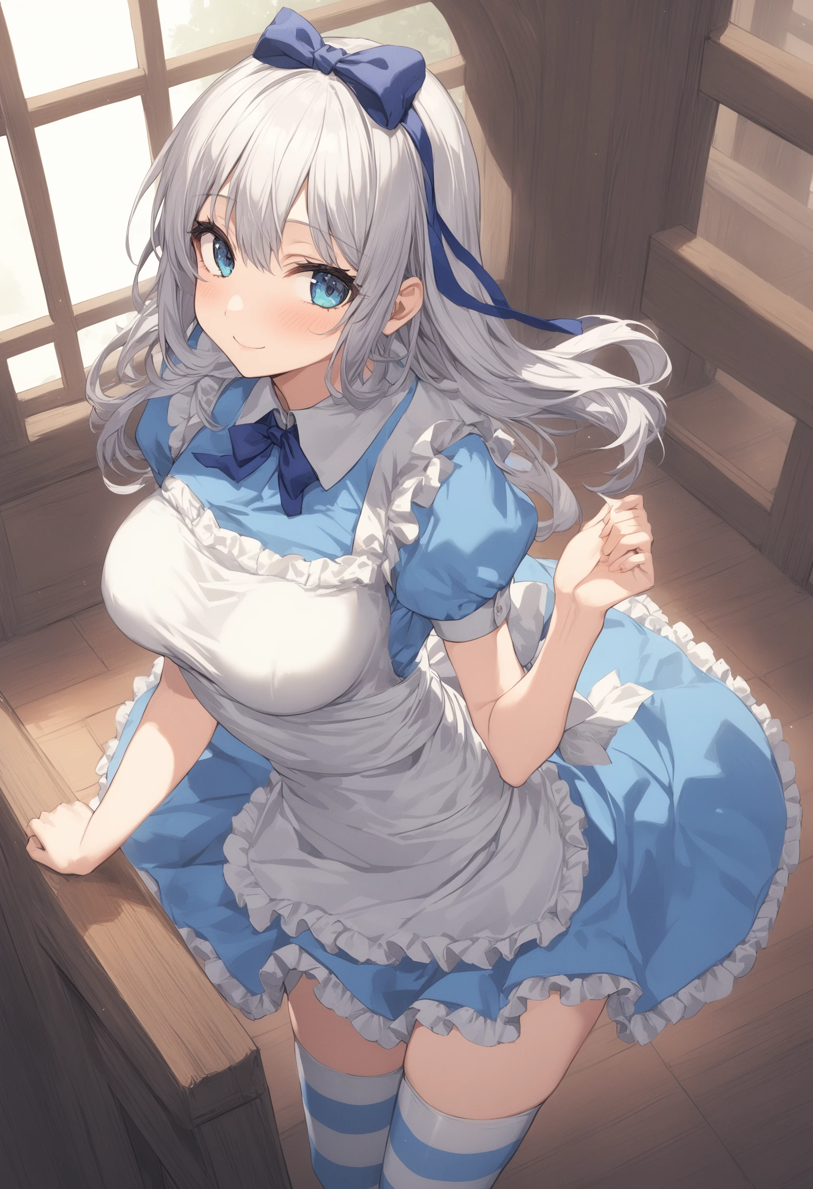1girl, <lora:sdxl2-flat2-512b:-1>,medium breasts,solo,
<lora:alicecosXLv2:0.8>,alicecos,thighhighs,legwear,hair ribbon, blue dress,short sleeves, frills apron, puffy short sleeves,
from above, cowboy shot, looking ahead, seductive smile, in chapel, closed mouth,
best quality,medium quality,