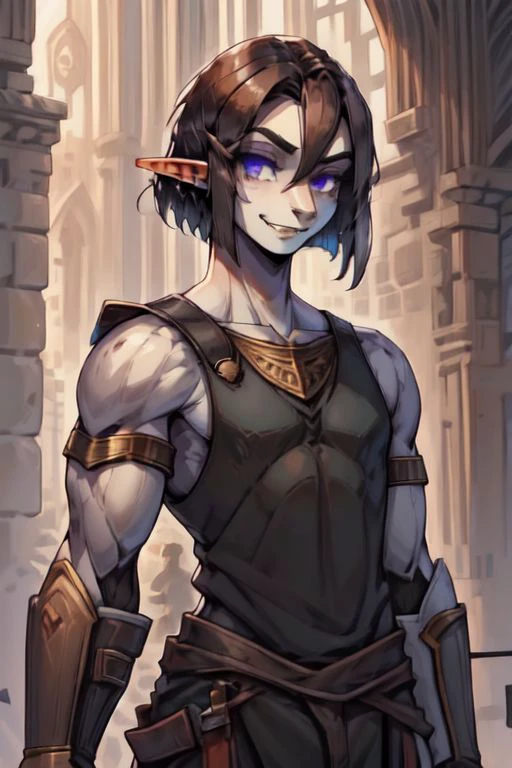 ASCII ((Lapanya)), human skintone, ((tall, muscular build, strong jaw, masculine chin)), ((violet irises)), adult, ((dark brown hair)), ((mid-length hair, straight bob haircut parted in the middle, parted hair:1.2, visible forehead)), ((cocky expression, smiling)), pointy ears, black tank-top, wrist bracers, ((3/4 view)), solo, close-up, ((flat chest, no breasts)):1.2, ((snout nose:1.3, medium nose, wedge shaped nose, small nostrils, nonhuman nose, straight septum, no philtrum)), ((3 fingers 1 thumb)):1.2, fully clothed, clean lines, highly detailed hands, highly detailed face, detailed nose, high quality, best quality, distinct fingers, snapshot, rating: safe, dynamic shot, fighting pose