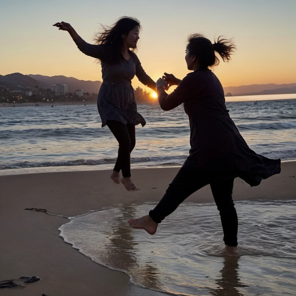 photo of two Korean women dancing at a beach in Los Angeles during sunset in the summer of 2018 <lora:mj-test-2:1>