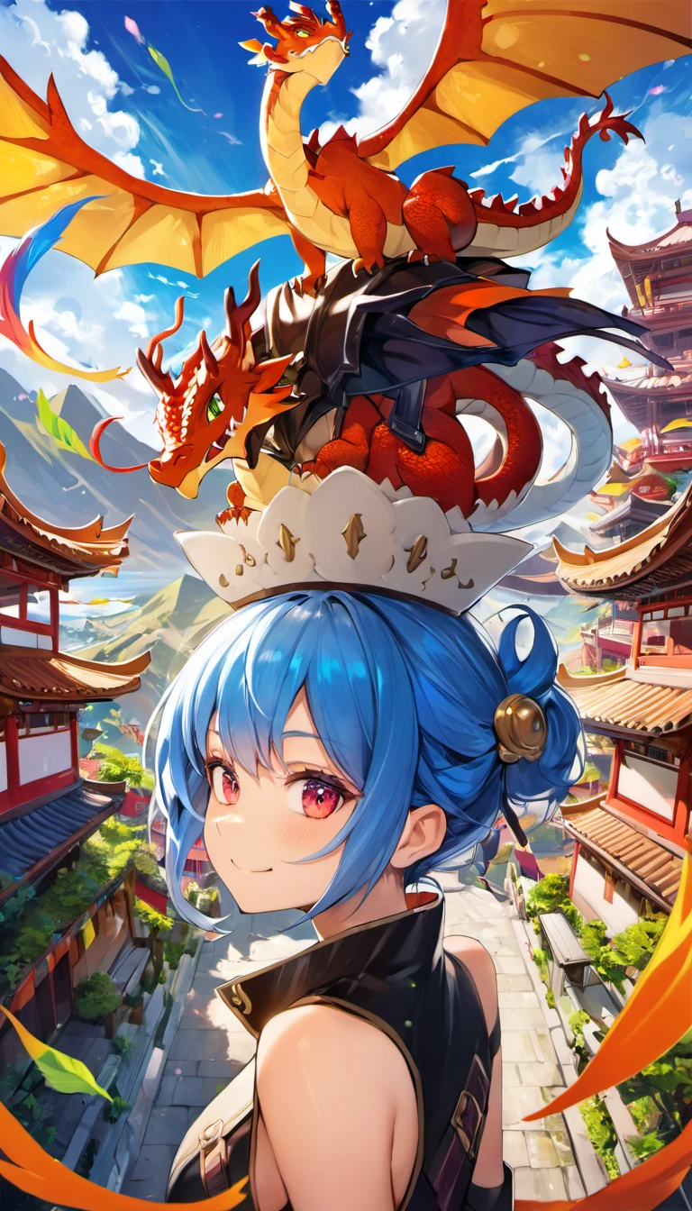 1girl, dragon on head, epic, vivid, colorful, detailed background, masterpiece, best quality, high quality, absurdres