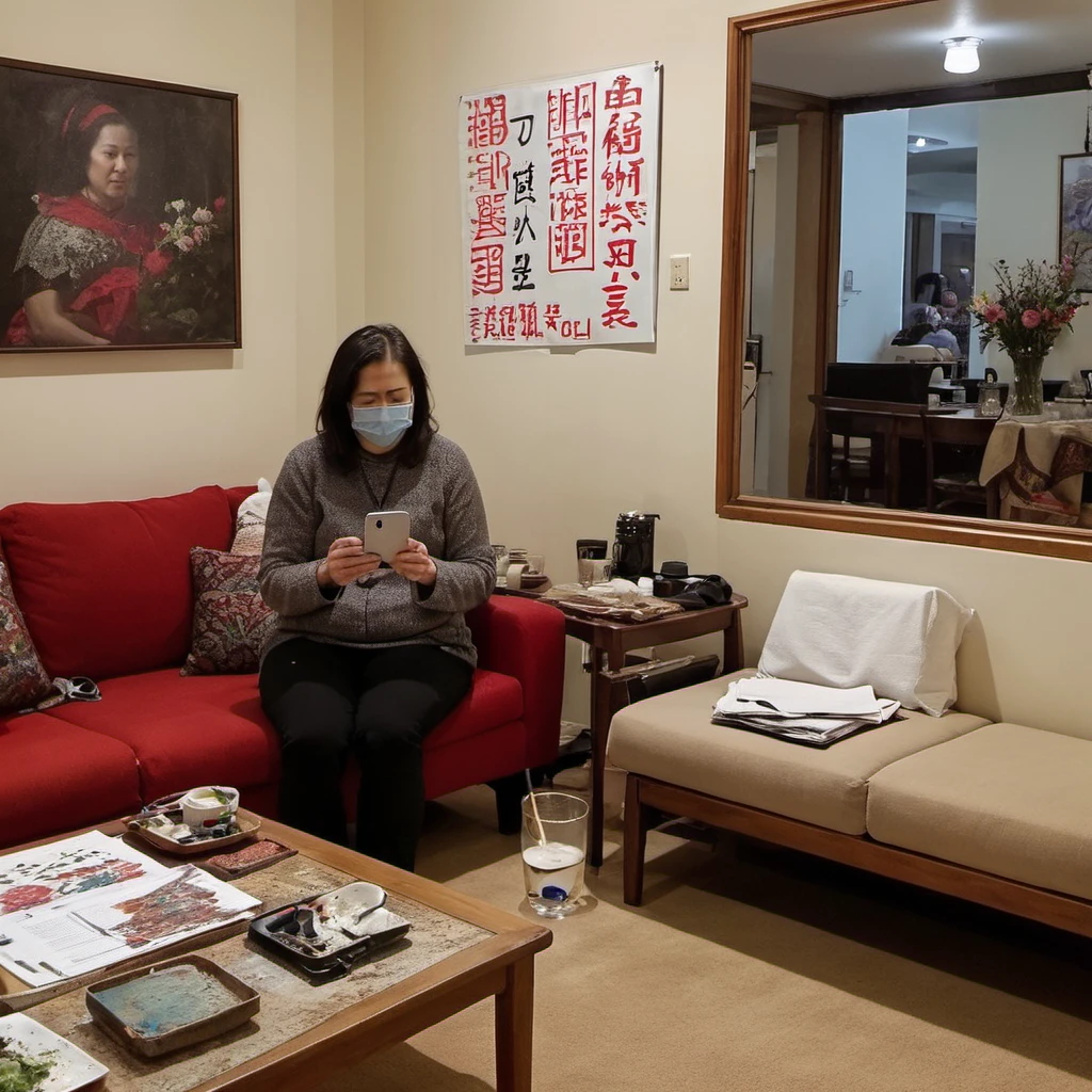 phone photo of a female artist in her living room with a sign saying 'ban AI art' in the style of mjte2 <lora:test-session-1:1>