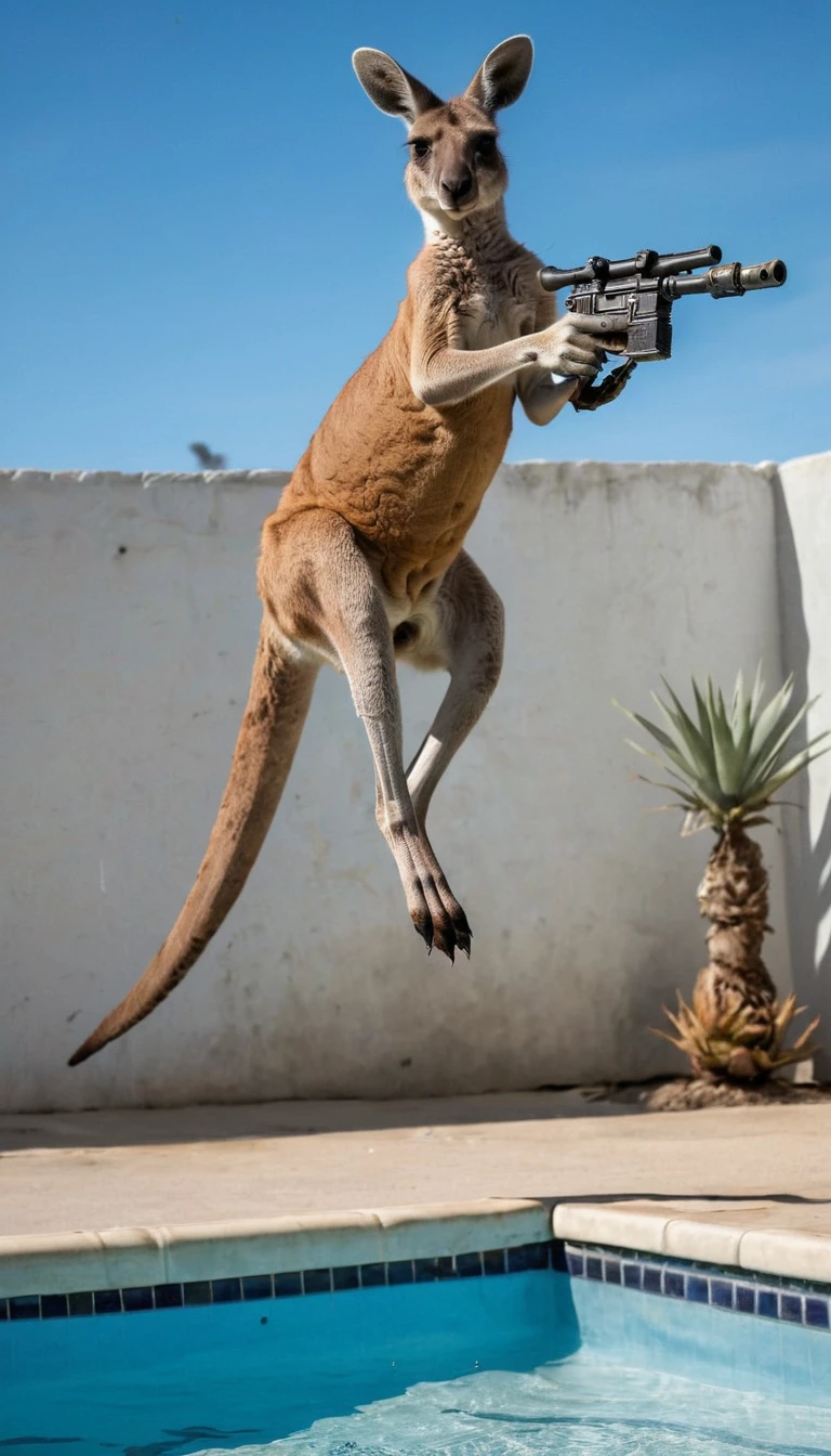 A ((kangaroo)) holding a dl-44 blaster pistol in her detailed hand, <lora:C9A1A5708C:0.8>, jumping into a swimming pool, mid air