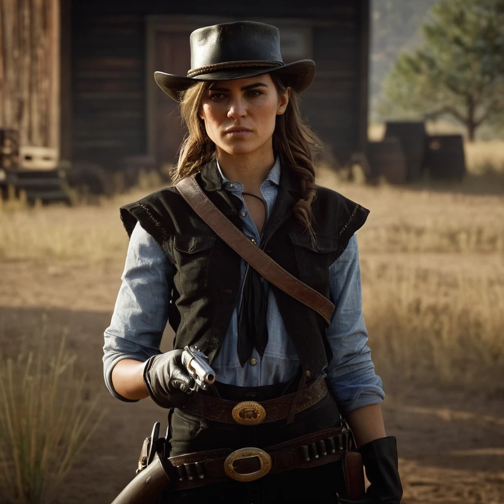 cinematic film still of cinematic film still of <lora:Red Dead Redemption style:1>
a woman in a cowboy outfit holding a gun,1girl,solo,looking at viewer,brown hair,gloves,hat,holding,brown eyes,weapon,outdoors,belt,pants,holding weapon,blurry,vest,gun,blurry background,holding gun,rifle,handgun,realistic,holster,trigger discipline,submachine gun,cowboy hat,shotgun,cowboy western , epic, Western, adventures, outlaw, Red Dead, Western United States, wild west, cowboy, cowgirl, Open world, 1900's, realistic, cinematic, film look, dramatic light, partially covered in shadows, gang, Western-themed action-adventure, Red Dead Redemption style, shallow depth of field, vignette, highly detailed, high budget, bokeh, cinemascope, moody, epic, gorgeous, film grain, grainy
