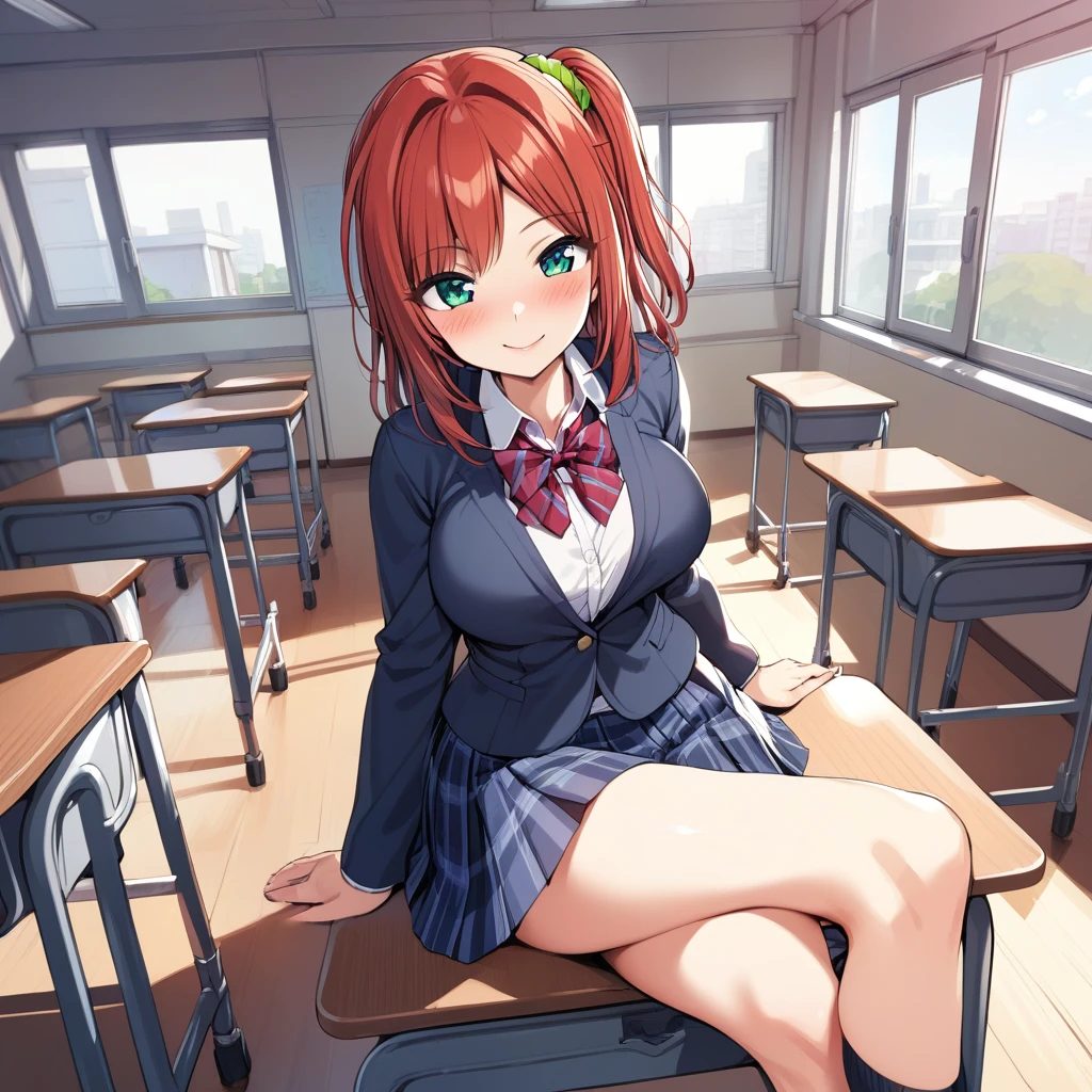 highest quality、1girl,full body,((big breasts:1.3)),((gloomy:1.3)),Nakano Miku,Miku Nakano,nm1, long sleeves, blue cardigan, green skirt, pantyhose,mini skirt,lift skirt,((panties under pantyhose:1.1)),classroom,spread legs