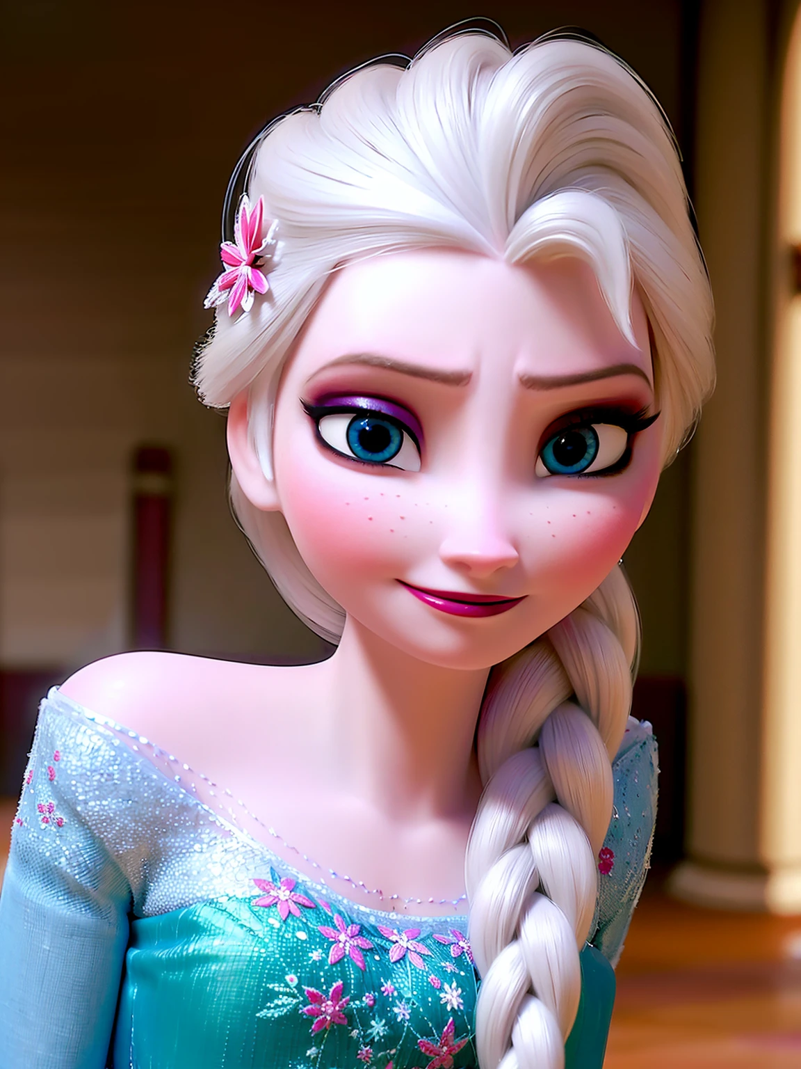 elsa \(frozen\), (frivolous expression:1.2), hospital corridor , looking at viewer,smirking,Elsa's Floral Dress,fever blush,upper body,braid, cold light,<lora:Frozen_elsa_V1_9clothes:1>,upper body, incredibly absurdres,ultra-detailed, wallpaper,realistic,photorealistic,raw photo,masterpiece,best quality,