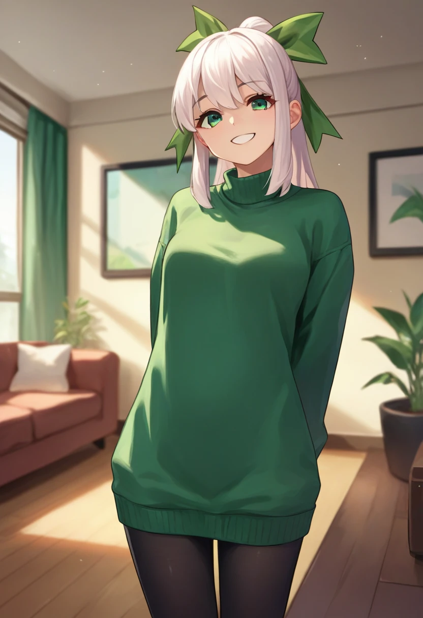 score_9, score_8_up, score_7_up, source_anime, solo, 1girl, xbox-chan, smile, looking at viewer, arms behind back, ponytail, hair ribbon, green sweater, sweater dress, black pantyhose, indoors, living room <lora:consolegirls_xbox_ponyXL:1>