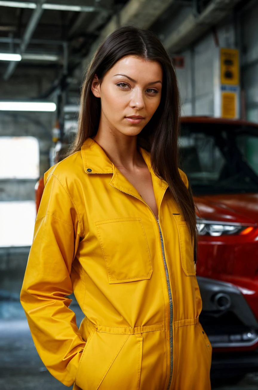 A stunning intricate full color picture of a beautiful woman, wearing a mechanic jumpsuit in a garage, closeup,, epic character composition,by ilya kuvshinov, alessio albi, nina masic,sharp focus, subsurface scattering, f2, 35mm, film grain<lora:cindhop:1>