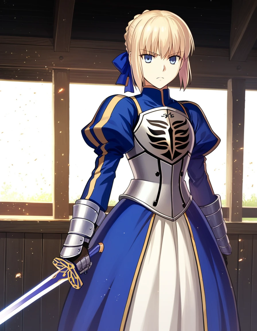score_9, score_8, score_7, source_anime,
rating_safe,
1girl, solo, saber, excalibur \(fate/stay night\), armor, dress, shed, sunbeam, light particles, serious, standing