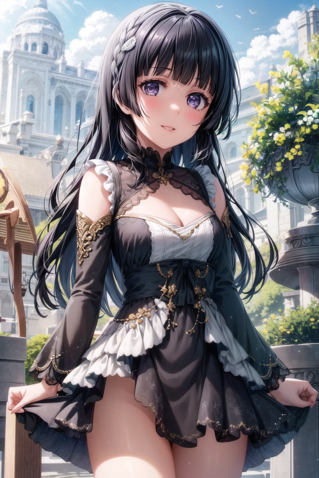 Long black hair、Half Up、black eye、Female in her early 20s、Face close-up、smile、European Castle Gardens、Light blue dress、Earrings、necklace、bracelet、ring、Decorations