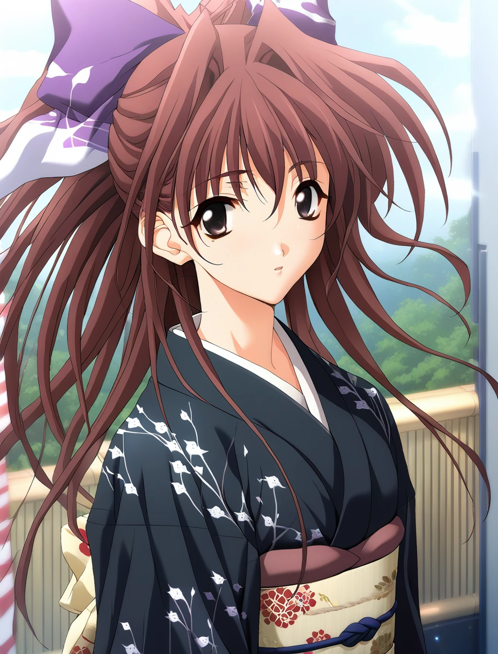 1girl,Fujiwara Miyabi,black kimono, purple hair bow, obi, white bird pattern,masterpiece,solo,best quality,game cg,(illustration:1.2),(extremely fine and beautiful),(perfect details),(unity CG 8K wallpaper:1.05),(ray tracing),(beautiful and clear background:1.25),(depth of field:0.6). (detailed beautiful eyes:1.2),(beautiful face:1.2),(hair blowing with the wind:1.1),<lora:miyabi:1>,