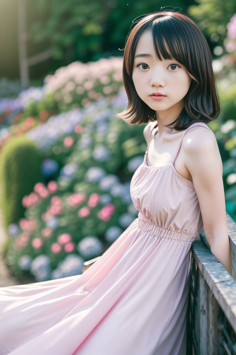 8k,Japanese,9 year old girl,Childish,innocent face,innocent look,cute,everyday wear,black hair,step into the stream,Hydrangea is blooming,sitting,Decolletage