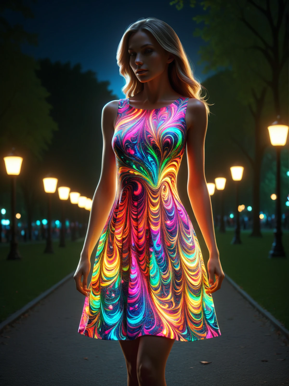 woman wearing a glowing colorful mad-mbp summer dress walking through park, night, dynamic pose <lora:Glowing_Marbled_Paper_SDXL:0.8>, (masterpiece:1.2), best quality, (hyperdetailed, highest detailed:1.2), high resolution textures