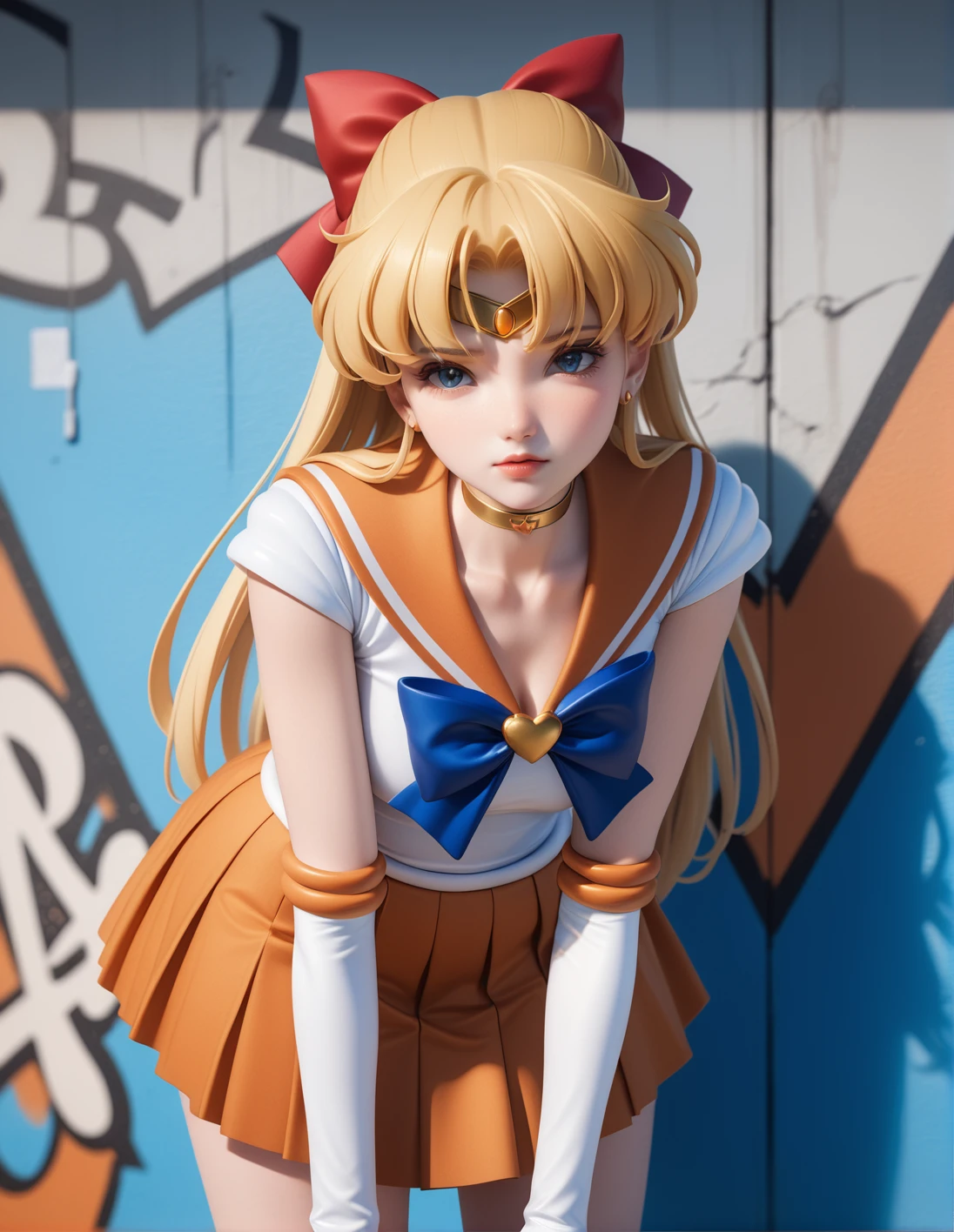 best quality, ultra-detailed, masterpiece,1girl, solo,<lora:sdxl-sailor-venus-v3:1>, sailorvenus, xsuperuniformx, (heartbrooch:0.3), choker,blonde hair, hair bow , gloves, pleated orange skirt, relaxed posture, elbows extended, standing, knees ,,, <lora:ALTXL_001_4:2>, staring, BREAK in front of a graffit wall