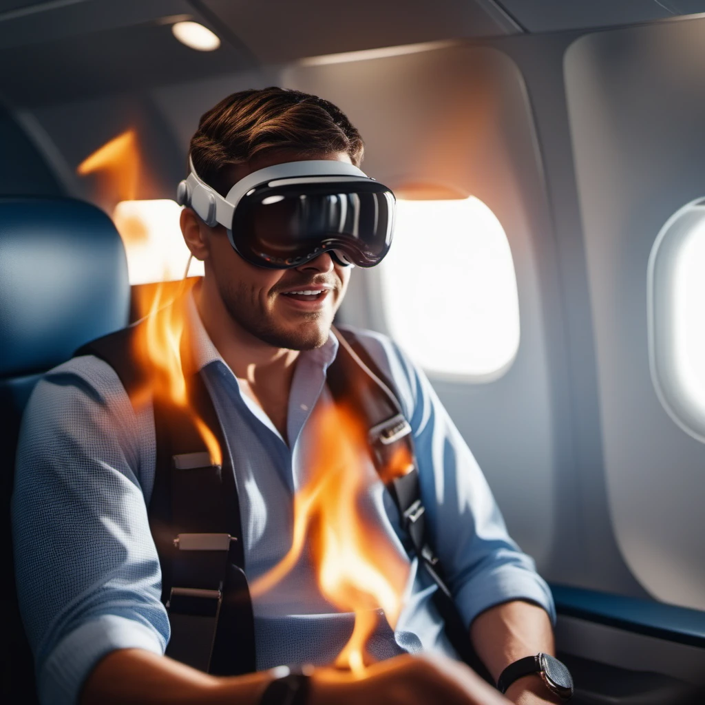cinematic photo a panicked man wearing VR headset in an airplane in flame <lora:VisionPro1024-000100:0.8> . 35mm photograph, film, bokeh, professional, 4k, highly detailed