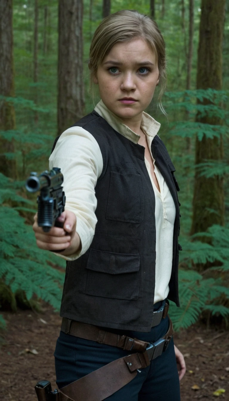 <lora:C9A1A5708C:0.6> photo of blonde 24 year old woman, hardened expression, aiming, wearing Han Solo cosplay outfit, holding a dl-44 blaster pistol in her detailed hand, endor