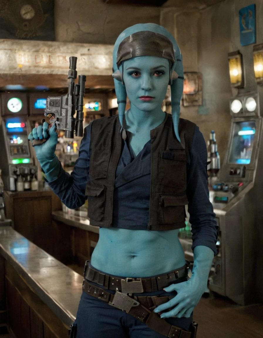 <lora:1F695F4A3C:0.6> A female twi'lek wearing Han Solo cosplay outfit, bald holding a dl-44 blaster pistol in her detailed hand <lora:C9A1A5708C:0.8>, blue skin, , inside a bar