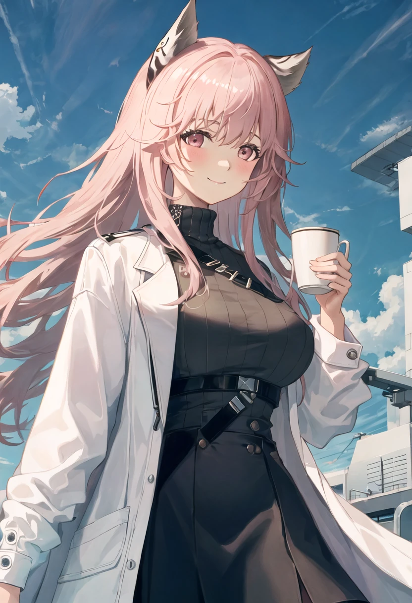 best quality, masterpiece, highres, solo, {persicaria_neuralcloud:0.90}, 1girl, looking_at_viewer, smile, holding, turtleneck, labcoat, long_sleeves, cup, ribbed_sweater, black_skirt, closed_mouth, pantyhose, blush