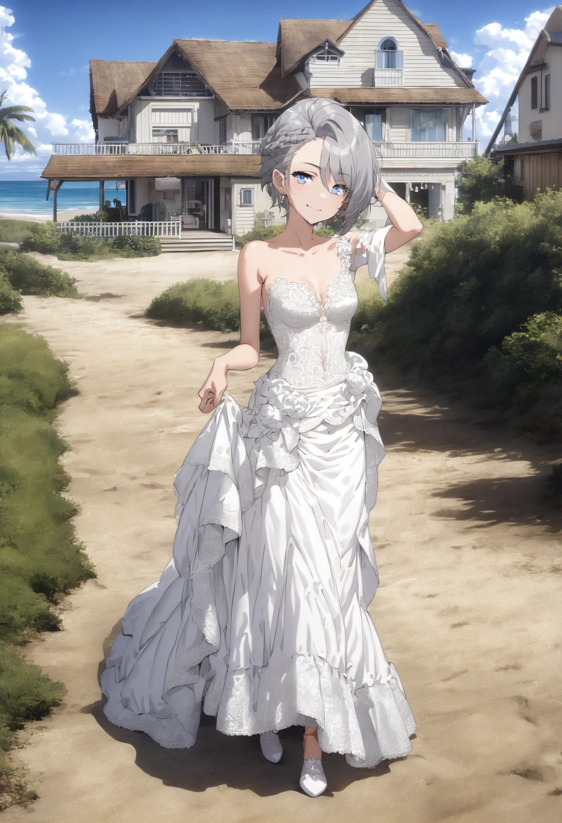 (masterpiece, best quality:1.2), 1girl, solo, very short hair, spiked hair, gray hair, braid, swept bangs, blue eyes, bride, smile, hand on hair, cowboy shot, full body, outdoors, seaside, house, beach  <lora:Ange sdxl_lora:0.8><lora:MeMaXL_V2:0.9>