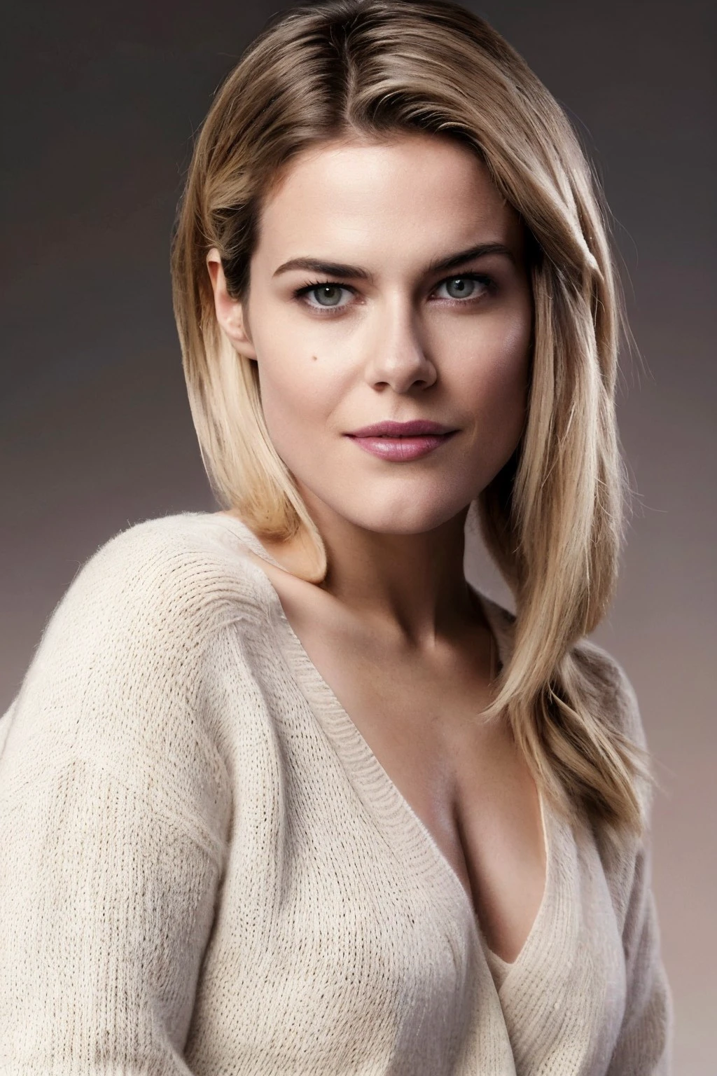 RAW photo, half-body portrait of a Rachael Taylor <lora:RachTaylor-CRC21:0.8>, wearing a white sweater, simple background, 8k uhd, dslr, high quality