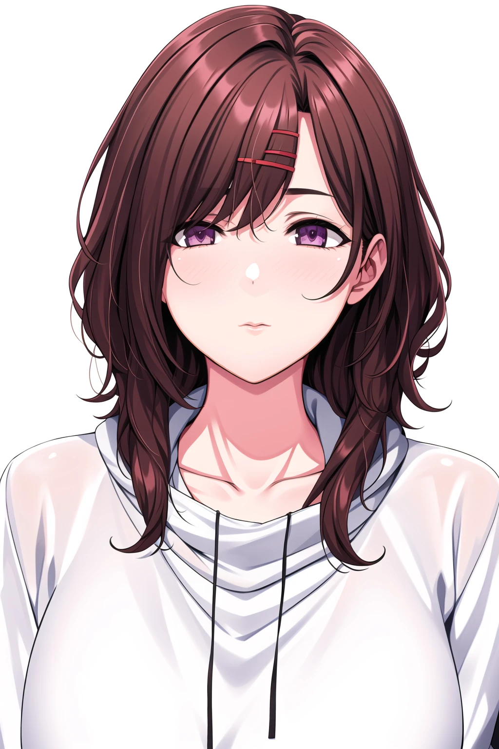 Simple Background,White Background,
black hoodie,long sleeves,
<lora:madoka_higuchi_iDOLMaSTER-KK77-V1:0.7>,hair ornament,higuchi madoka,
purple eyes, brown hair,bangs,short hair,
<lora:Oda_Non_Style-KK77-V2:0.3>,<lora:more_details:0.1>,
1 girl, 20yo,Young female,Beautiful long legs,Beautiful body,
Beautiful Nose,Beautiful character design, perfect eyes, perfect face,expressive eyes,perfect balance,
looking at viewer,(Focus on her face),closed mouth, (innocent_big_eyes:1.0),(Light_Smile:0.3),
official art,extremely detailed CG unity 8k wallpaper, perfect lighting,Colorful, Bright_Front_face_Lighting,White skin,
(masterpiece:1.0),(best_quality:1.0), ultra high res,4K,ultra-detailed,
photography, 8K, HDR, highres, absurdres:1.2, Kodak portra 400, film grain, blurry background, bokeh:1.2, lens flare, (vibrant_color:1.2),professional photograph,
(Beautiful,large_Breasts:1.4), (beautiful_face:1.5),(narrow_waist),