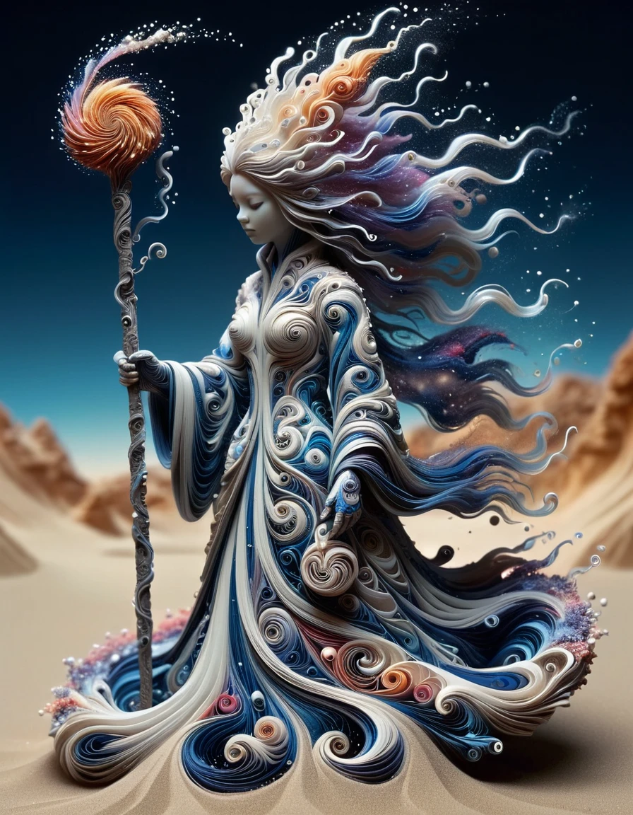 full body, dynamic pose, ral-cnvctncrnts, crisp focus,ethereal fantasy concept art of intricate paper quilled sand spirit holding staff, complex nebula background, vibrant, beautiful paper quills, hyper detailed, insane depth, gorgeous composition, chaotic but orderly, magnificent, celestial, ethereal, painterly, epic, majestic, magical, fantasy art, cover art, dreamy, magic, surreal, fantasy, digital art, wlop, artgerm and james jean, ultra hd, realistic, vivid colors, highly <lora:ral-cnvctncrnts:0.7>