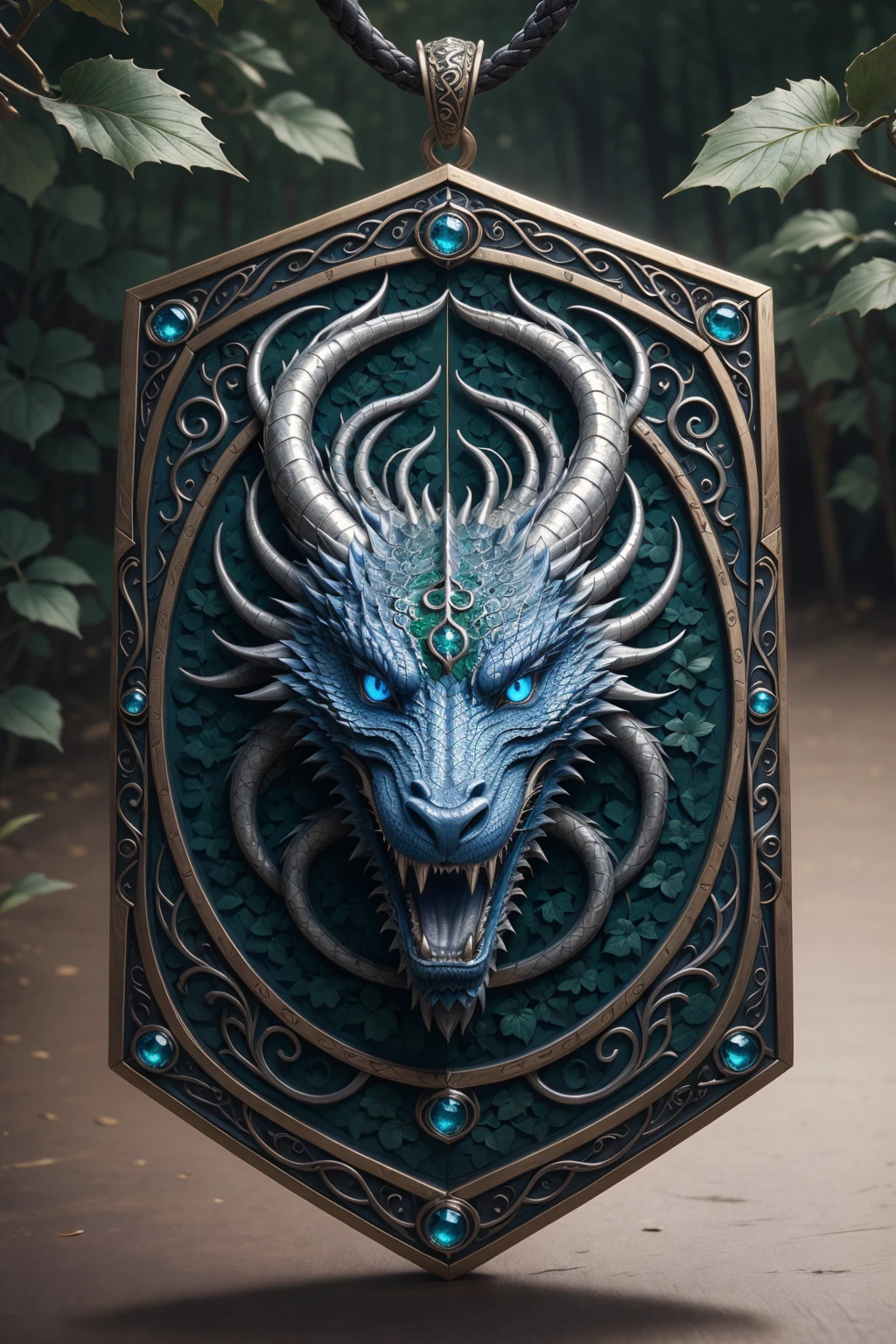 masterpiece, best quality, highly detailed, dragon talisman, forest, ivy BREAK pendant, eastern dragon, dragon head, symbol, blue dragon, silver trim, glowing, leaves, natural, nice contrast