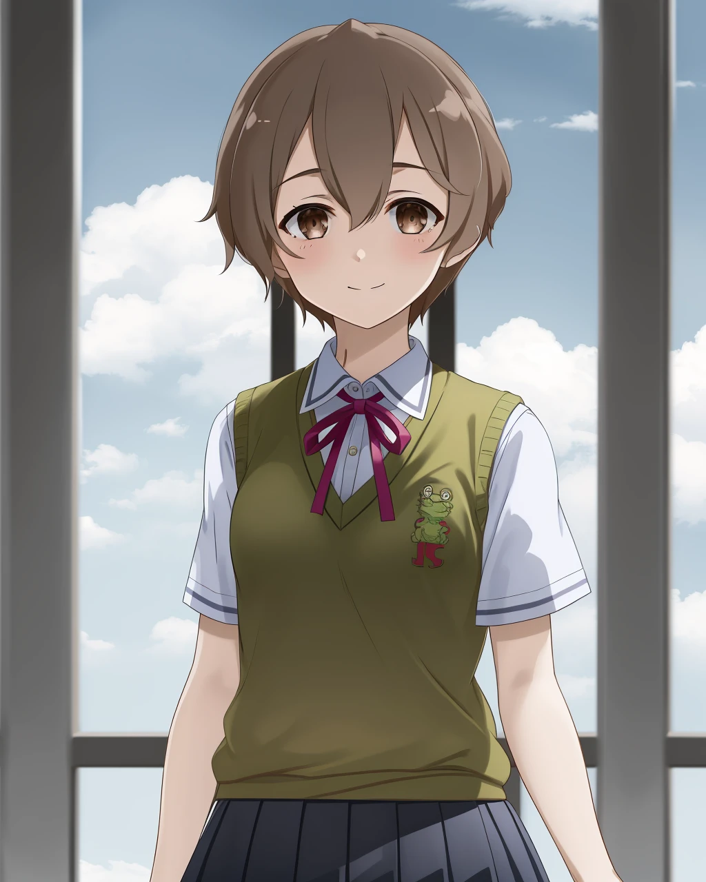 <lora:Fujimori_Mito-10:0.7>,1girl, solo, short hair,brown hair, brown eyes,between eyes, school uniform,shirt,skirt,ribbon, pleated skirt, green sweater vest,neck ribbon,