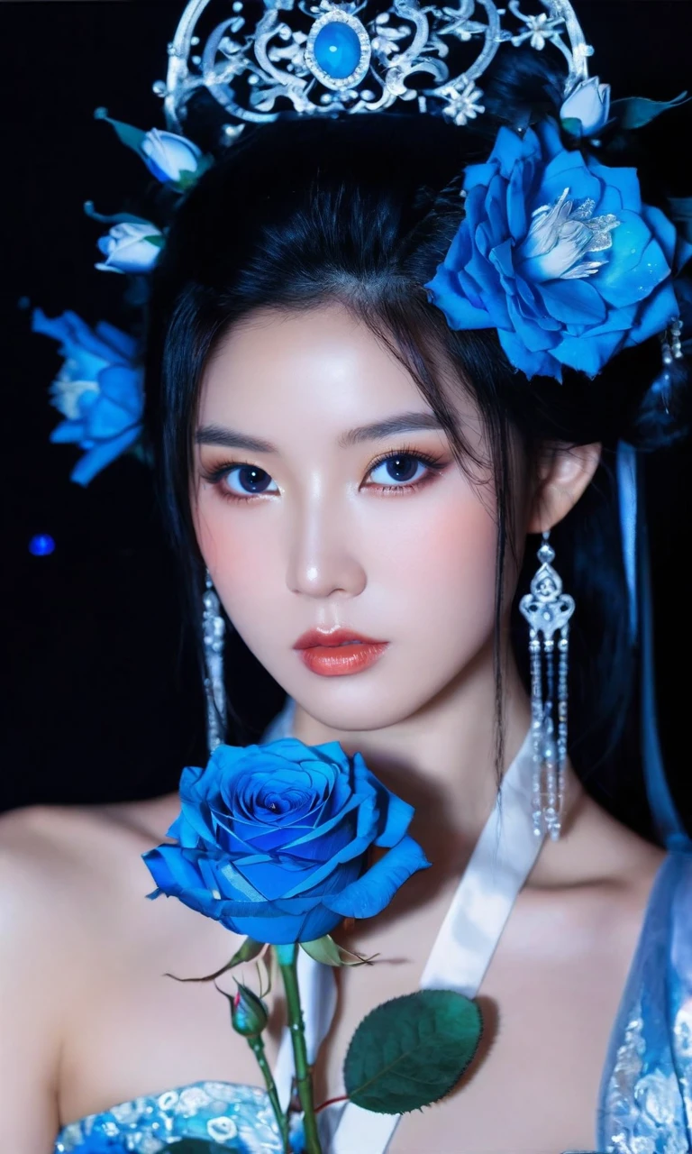 close-up,portrait,Line art,splatter,minimalist elegance,beautiful blue enchantress rose fairy,Tang Dynasty royal face ancient style beauty,high-definition fashion photography,high-end,ambiguous atmosphere,a woman with blue flowers on her face,in the style of anime art,luminous and dreamlike scenes,yanjun cheng,made of crystals,light white and silver,john pitre,cute and dreamy,in the style of chinapunk,romantic scenery,animated gifs,photo-realistic hyperbole,dark white and dark beige,heistcore,strip painting,Bright background,detailed depiction,Delicate face and costume details,lifelike appearance HD 16K,cinematic lighting,chiaroscuro,Arbitrary view,Medium Shot,hyperrealism,Hollywoodtyle,photography,HD Details,Detail Expression,Rich Details,