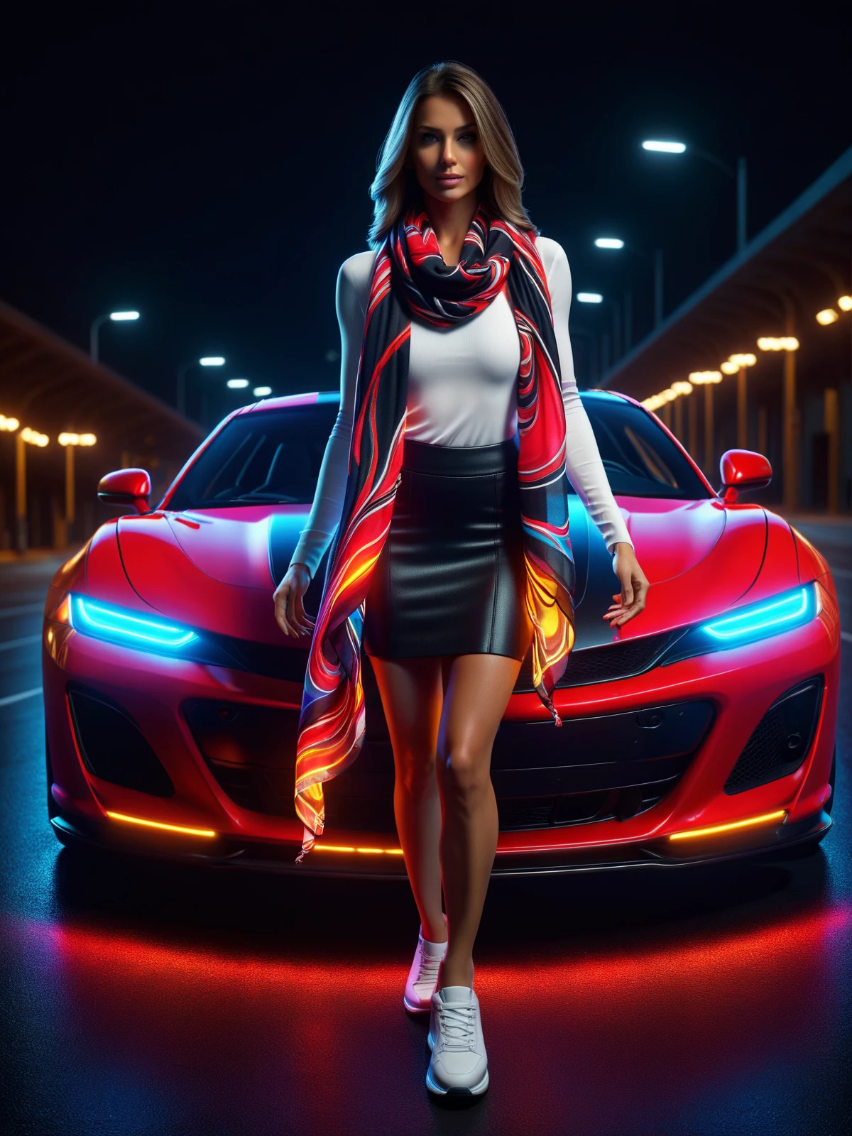 woman wearing a (colorful glowing mad-mbp scarf:1.4), black skirt and white top in front of a red sports car, dynamic pose, night<lora:Glowing_Marbled_Paper_SDXL:0.8>, (masterpiece:1.2), best quality, (hyperdetailed, highest detailed:1.2), high resolution textures